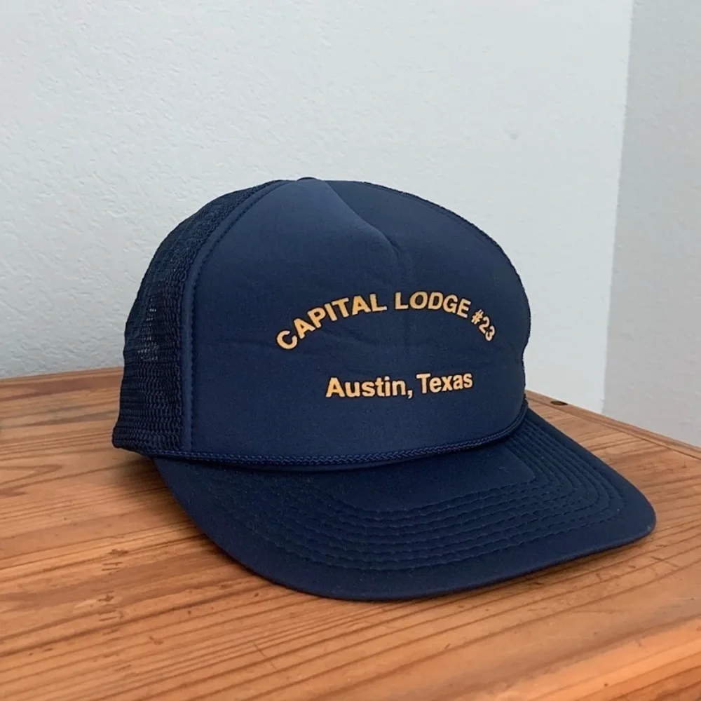 Vintage Capital Lodge 23 Austin TX Trucker Hat Navy Gold ATX